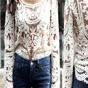 Gorgeous white embroidered tunic sz M sheer mesh lace  top